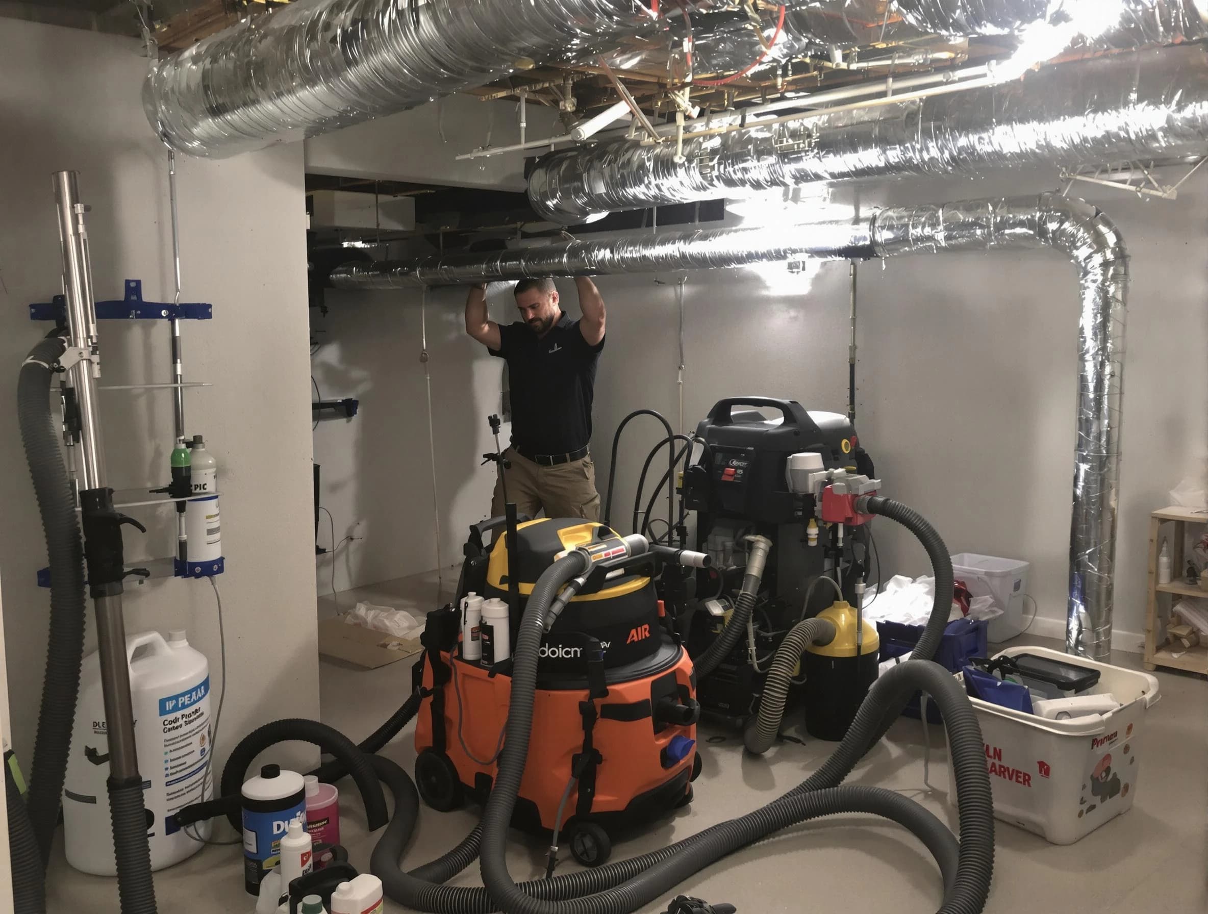 Bluffdale Air Duct Cleaning specialist performing professional mold removal from air ducts using safety equipment in Bluffdale
