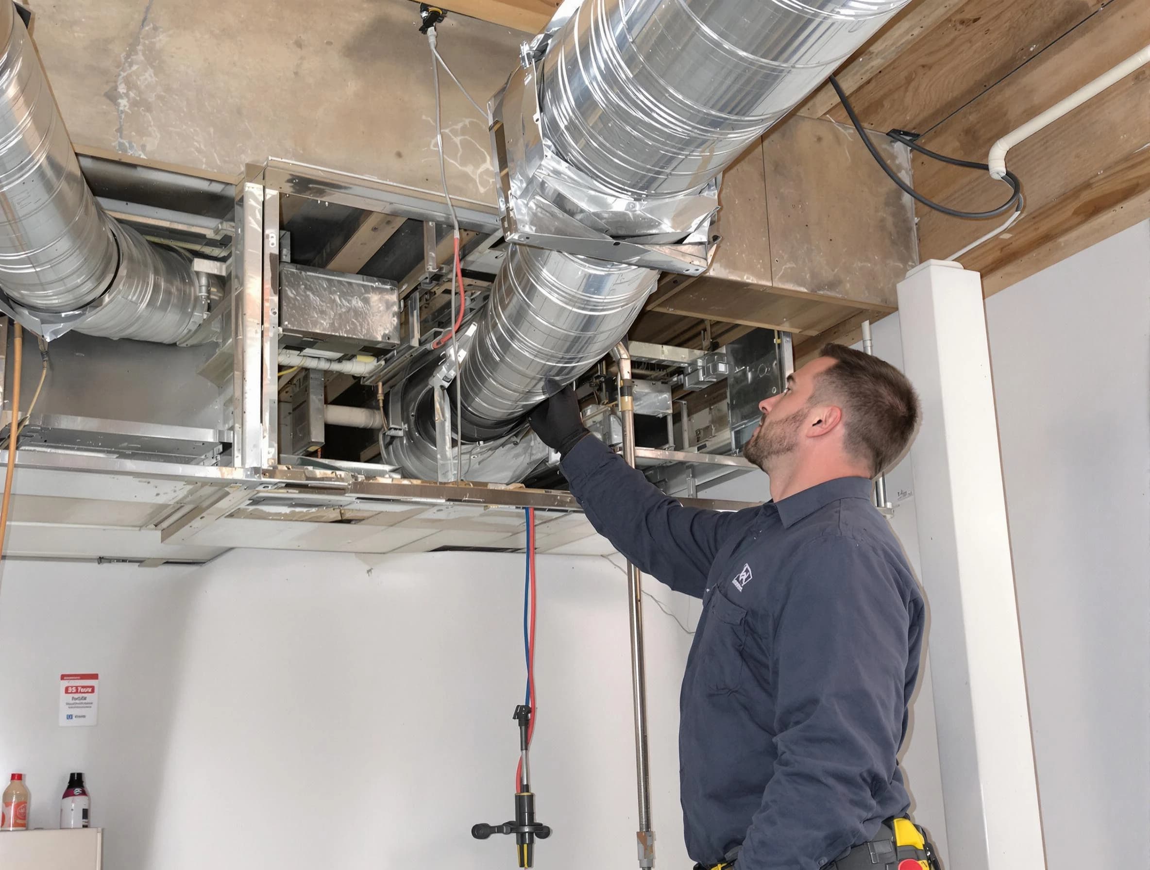 Bluffdale Air Duct Cleaning technician performing professional air duct repair using specialized tools in Bluffdale