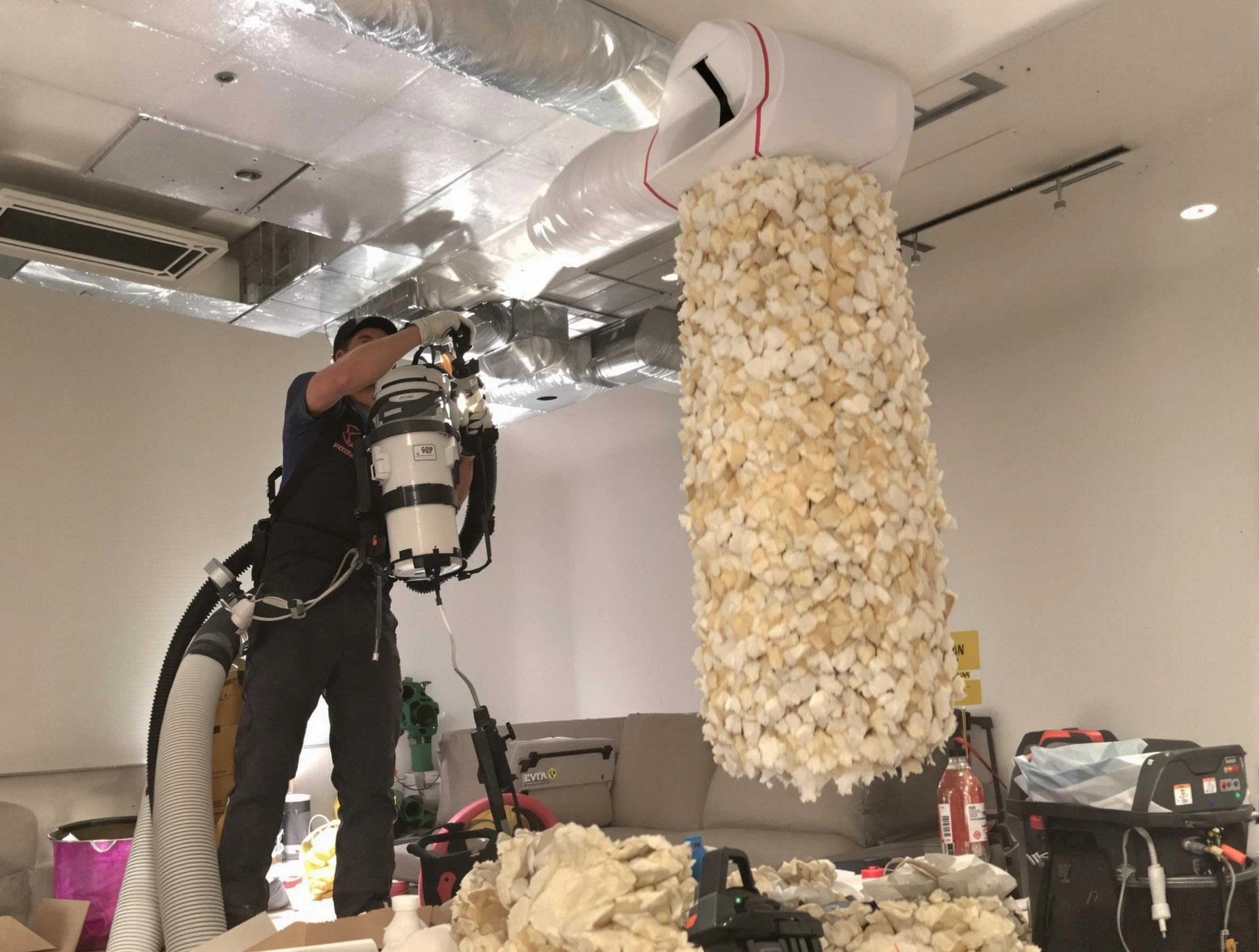 Bluffdale Air Duct Cleaning technician performing precision vacuum insulation removal in a residential property in Bluffdale